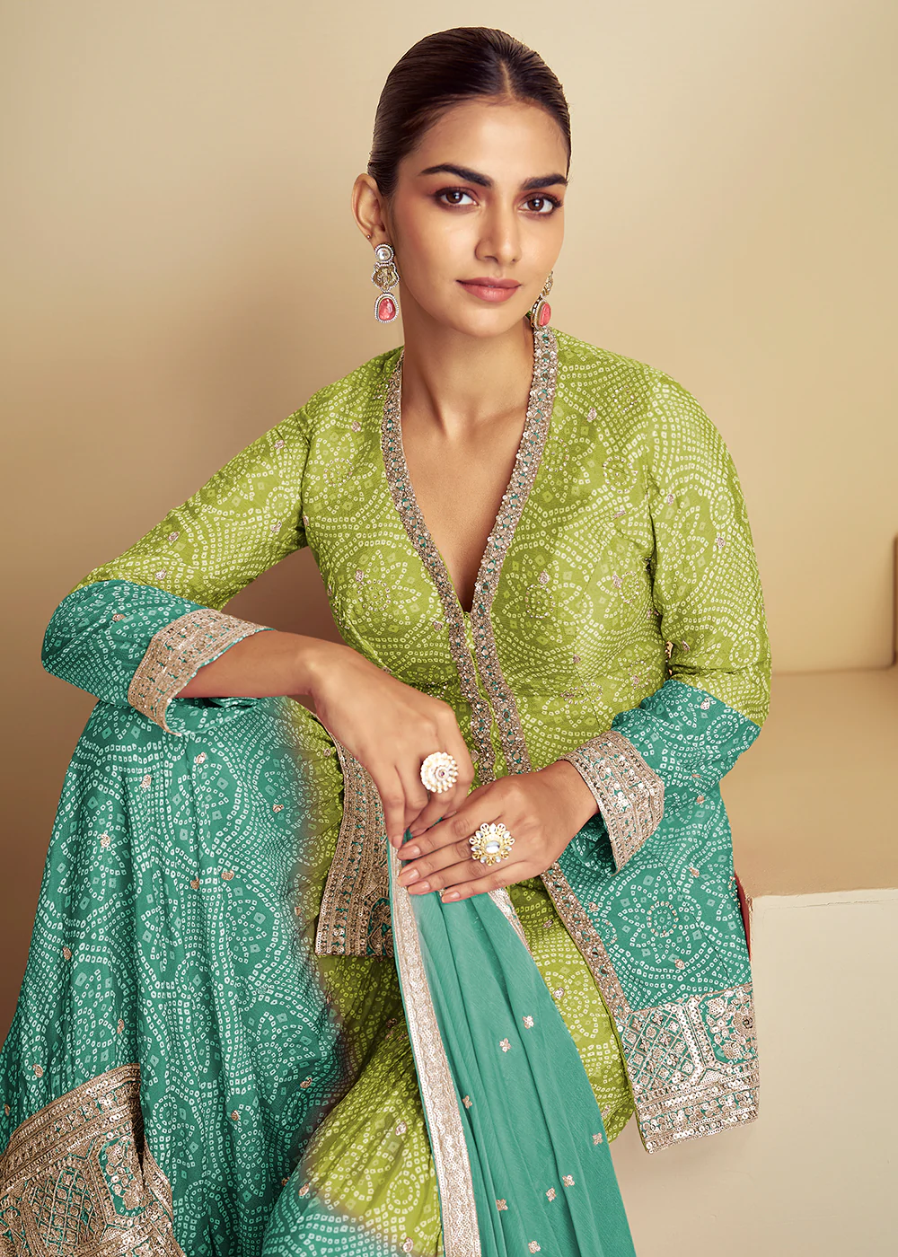 Teal & Green Ombre Kurti Style Gharara Style Suit - Image 2