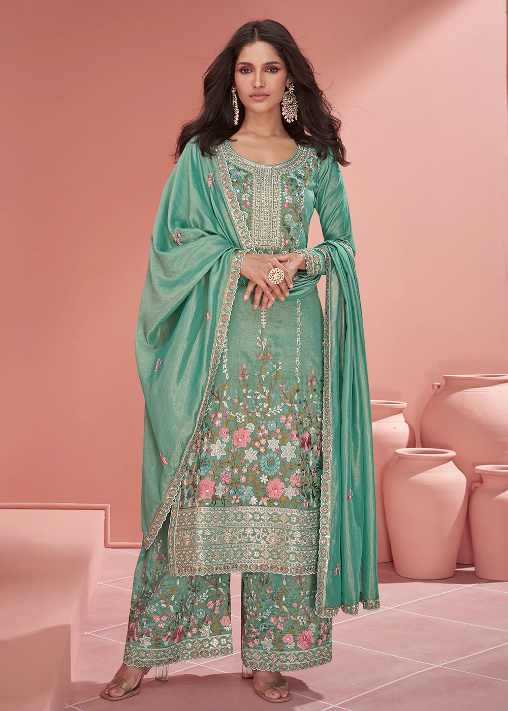 Teal Green Organza Simar Silk Embroidered Palazzo Style Suit
