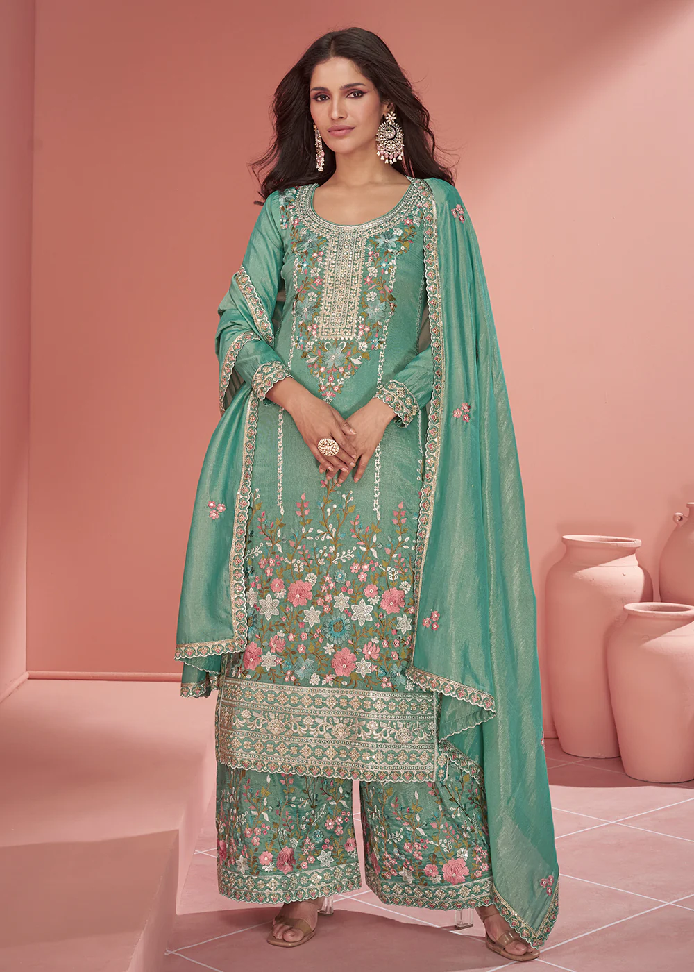 Teal Green Organza Simar Silk Embroidered Palazzo Style Suit - Image 3
