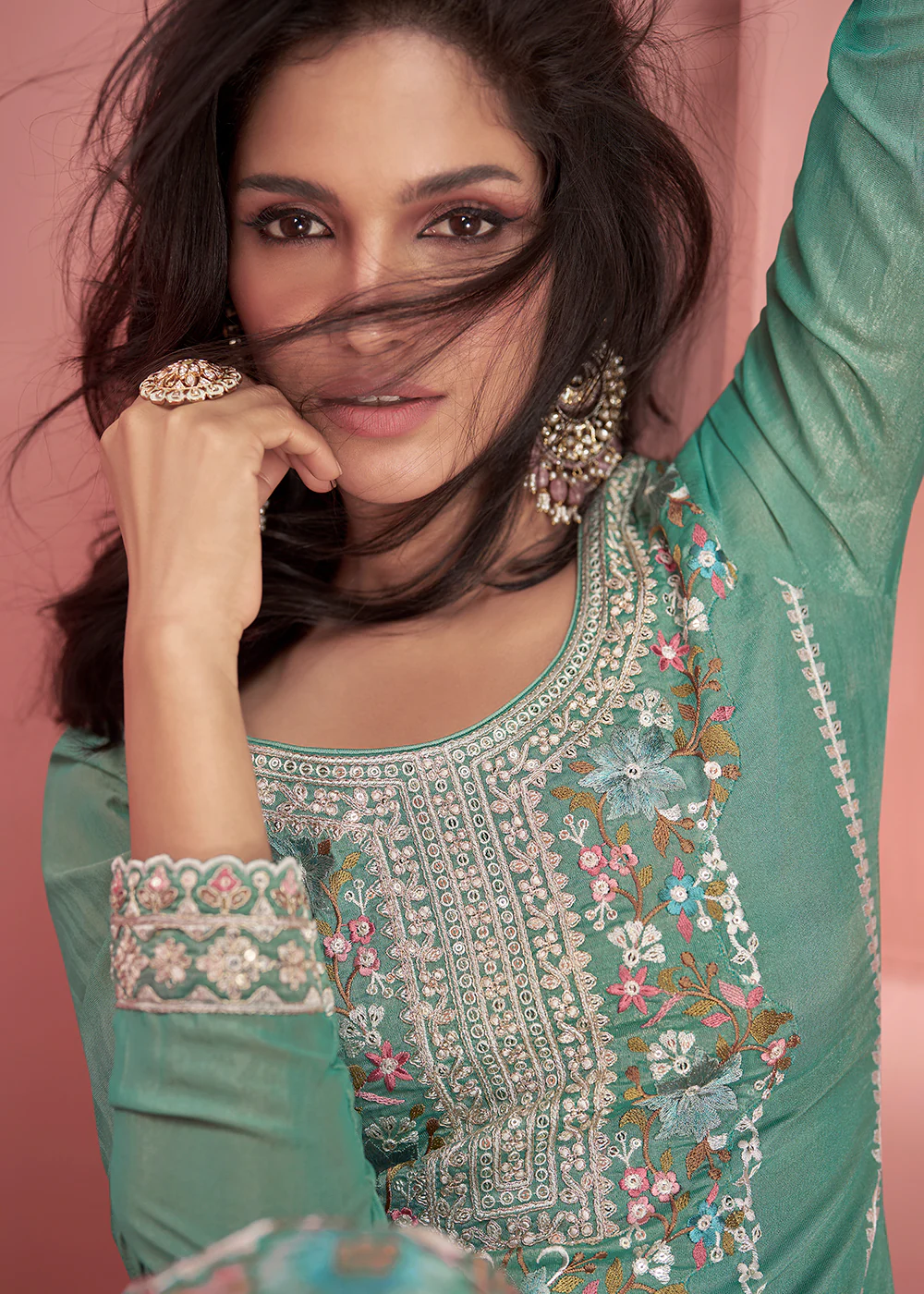Teal Green Organza Simar Silk Embroidered Palazzo Style Suit - Image 4