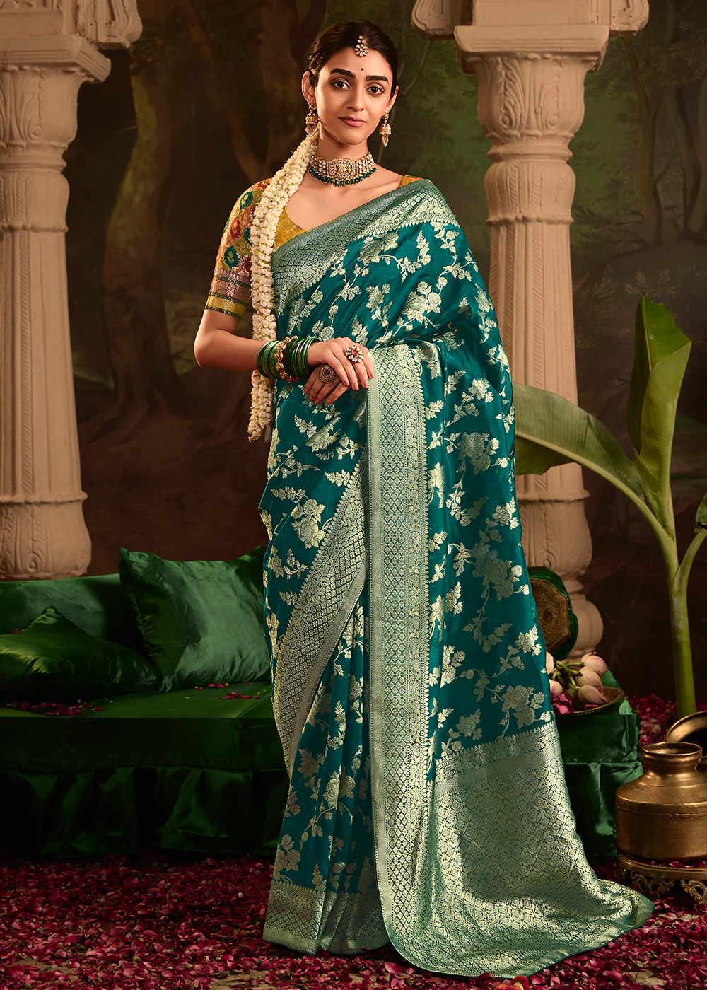 Teal Green Pure Crepe Dola Silk Wedding Festive Saree