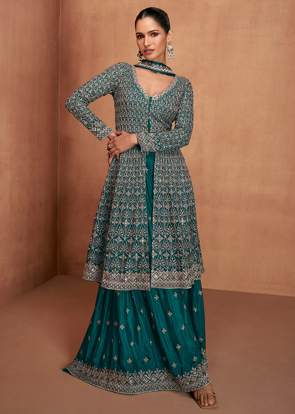 Teal Green Real Chinnon Festive Trendy Palazzo Suit