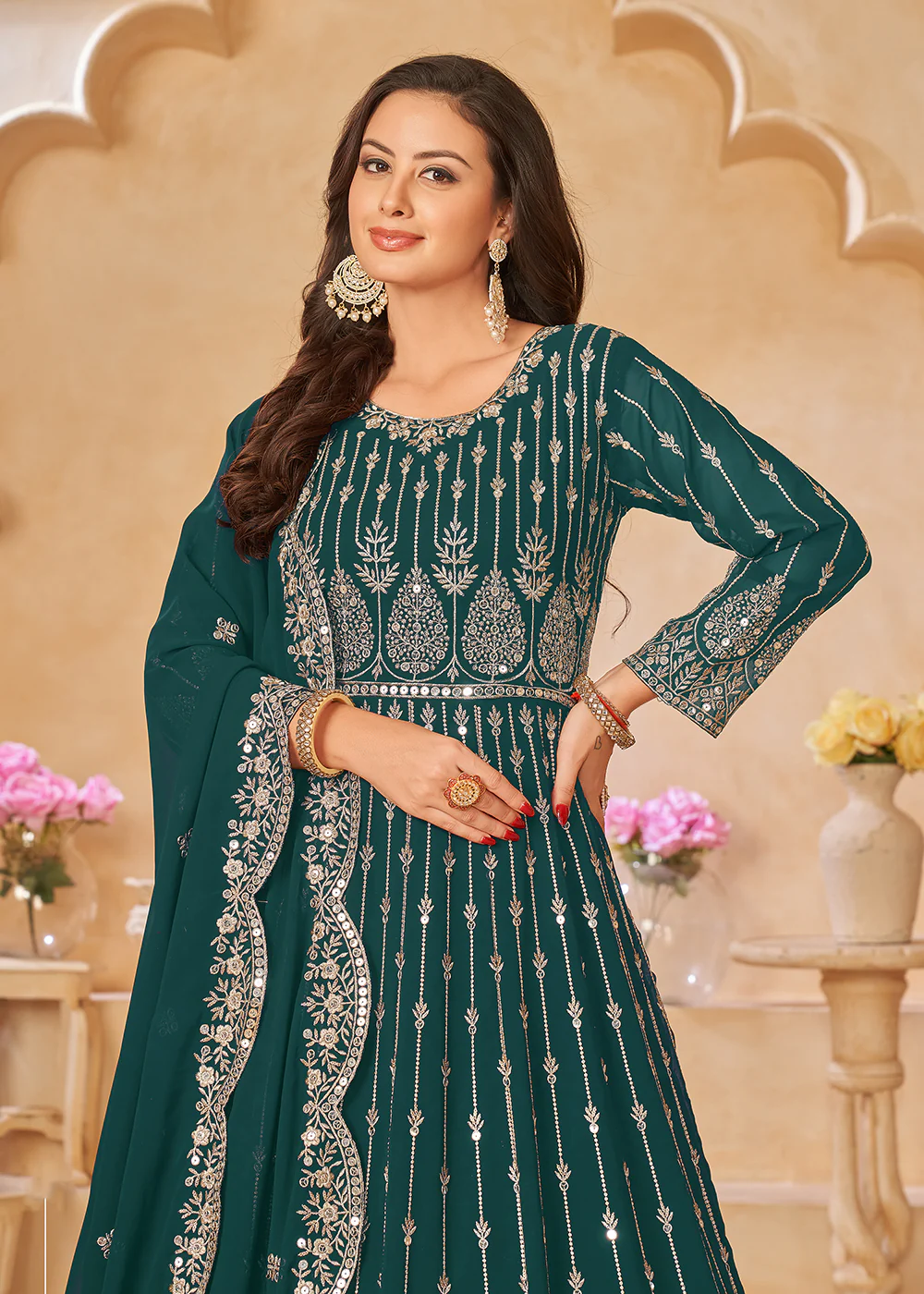Teal Green Resham Zari Embroidered Festive Anarkali Suit - Image 2