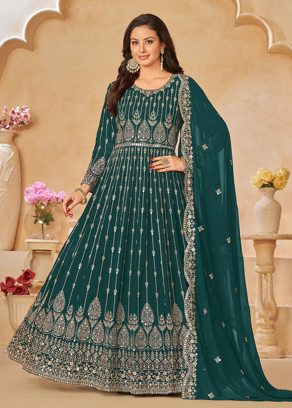 Teal Green Resham Zari Embroidered Festive Anarkali Suit - Image 3