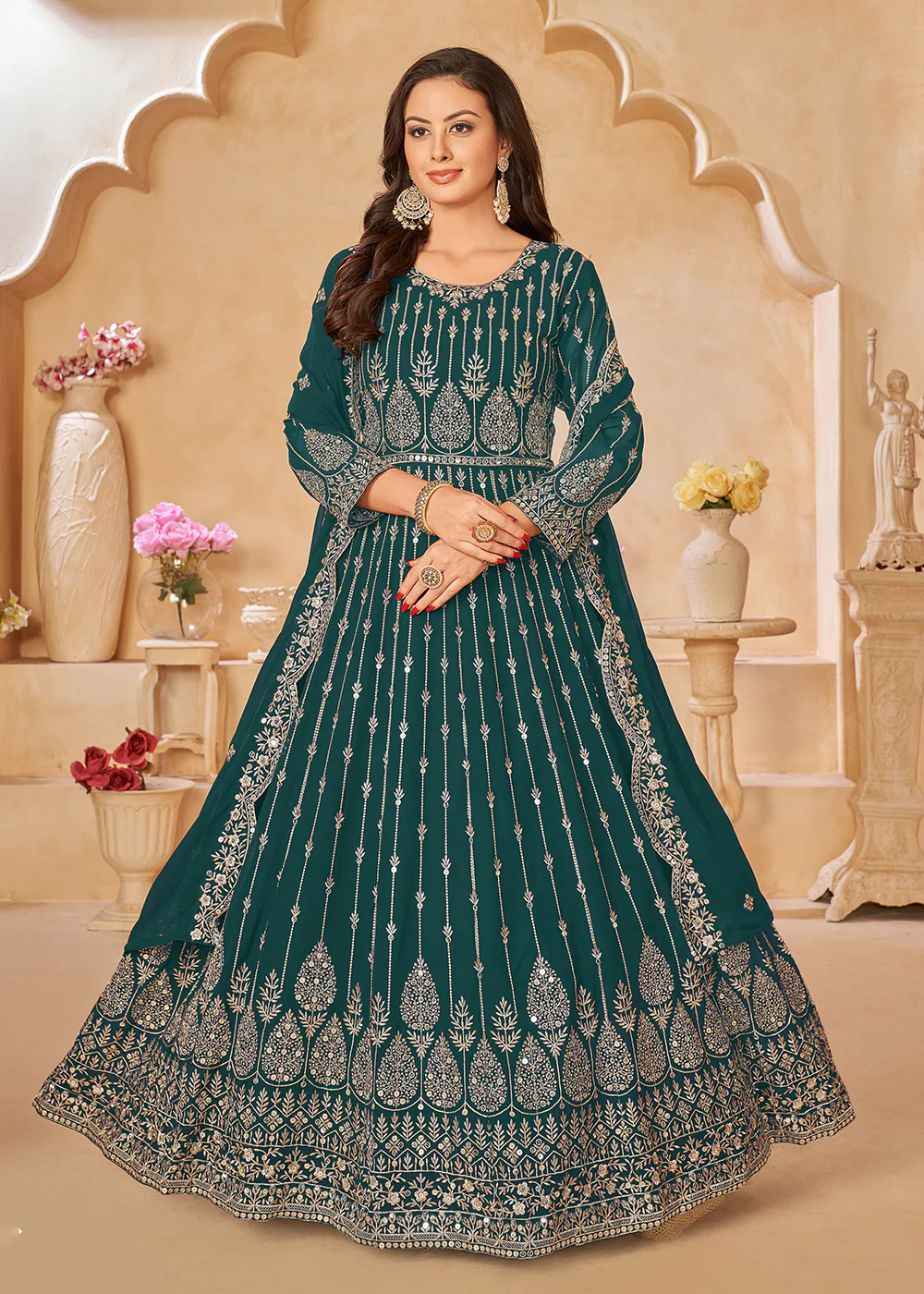 Teal Green Resham Zari Embroidered Festive Anarkali Suit - Image 4