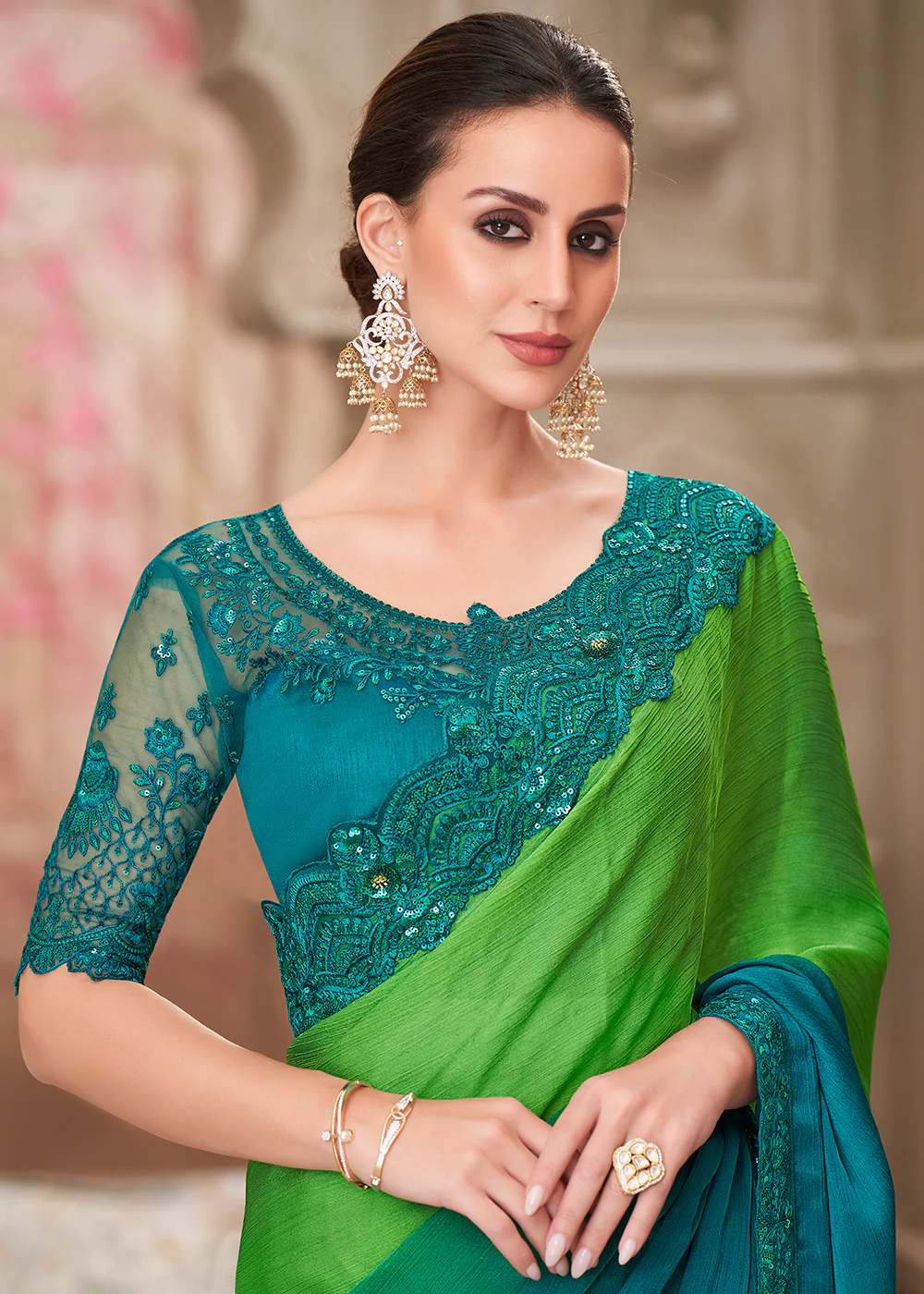 Teal & Green Satin Chiffon Embroidered Wedding Wear Saree - Image 2