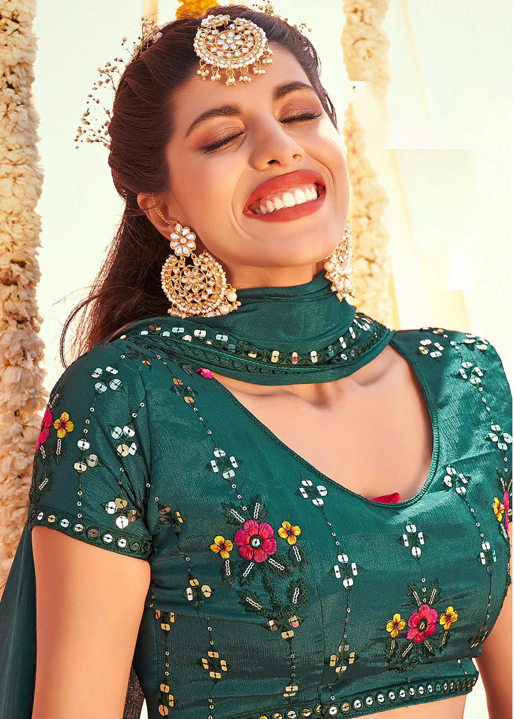 Teal Green Sequined Wedding Function Wear Lehenga Choli - Image 2