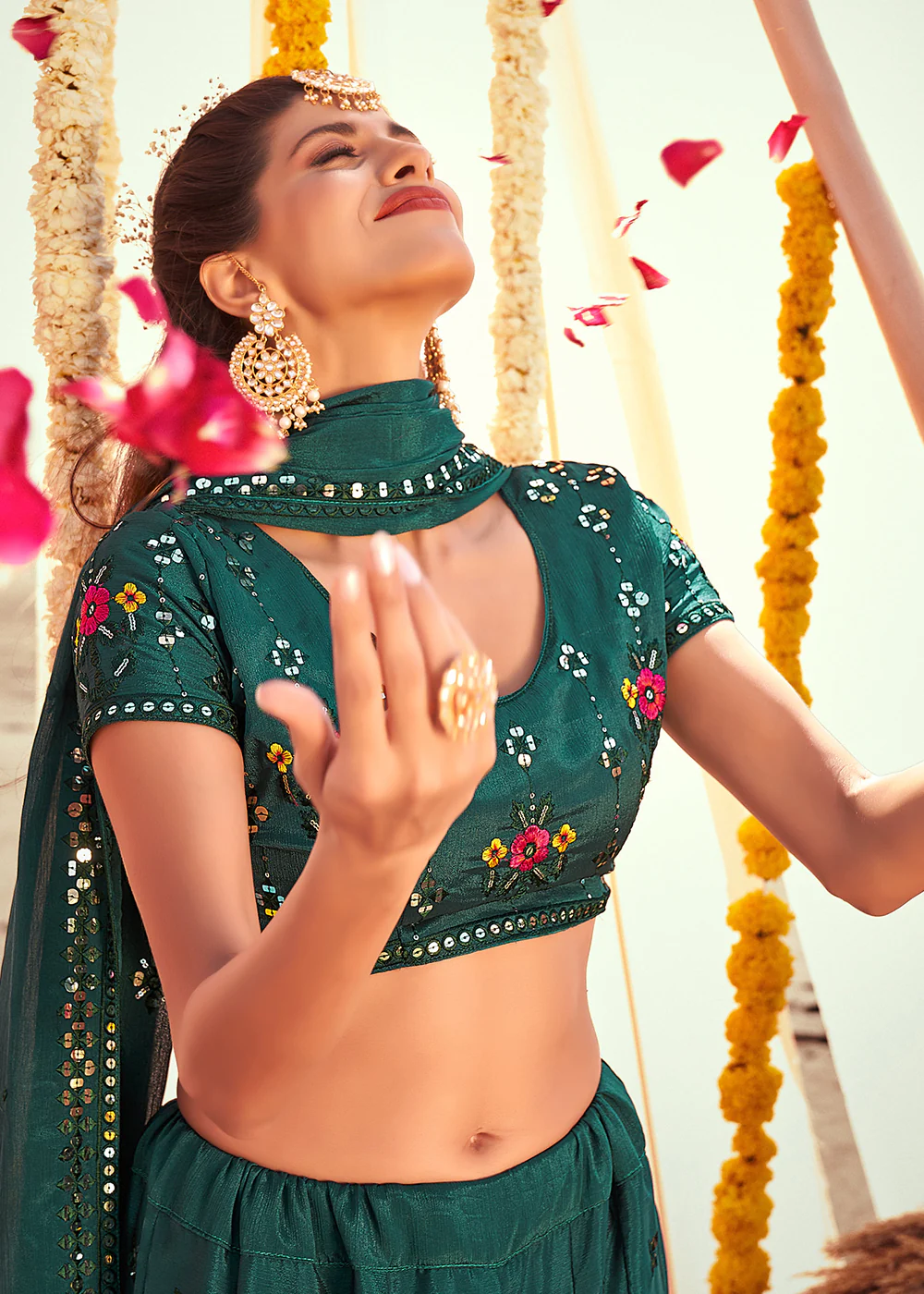 Teal Green Sequined Wedding Function Wear Lehenga Choli - Image 3