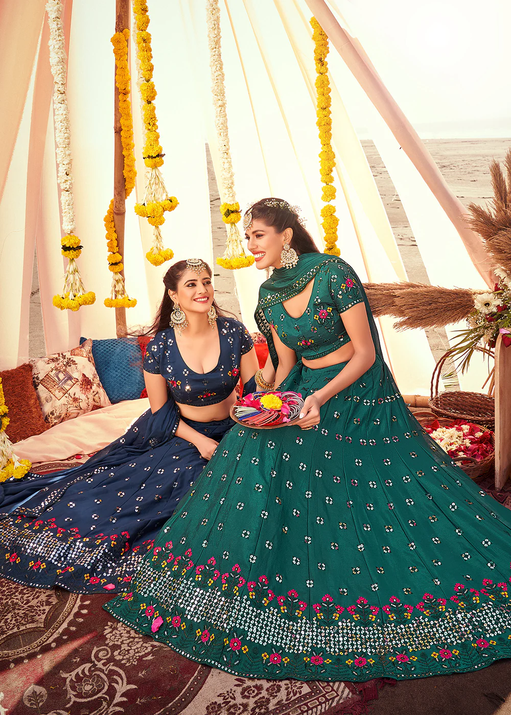 Teal Green Sequined Wedding Function Wear Lehenga Choli - Image 5