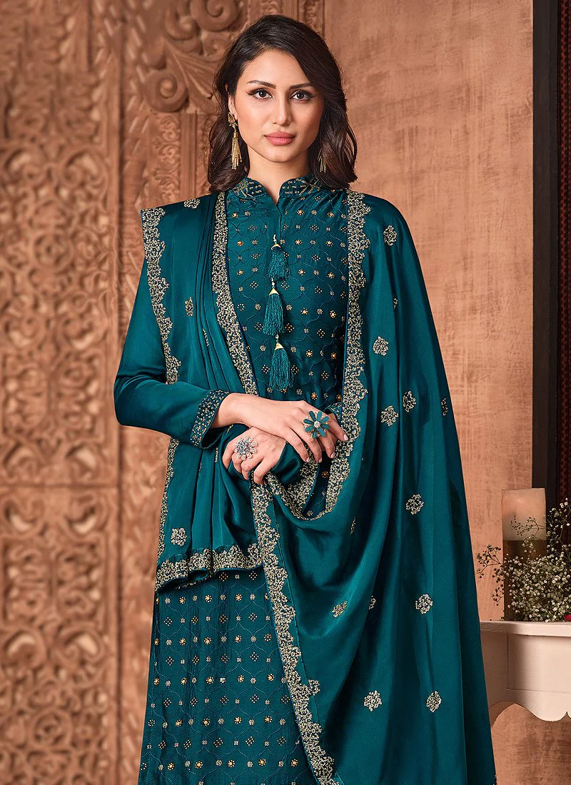 Teal Green Sequins Embroidered Sharara Suit - Image 3