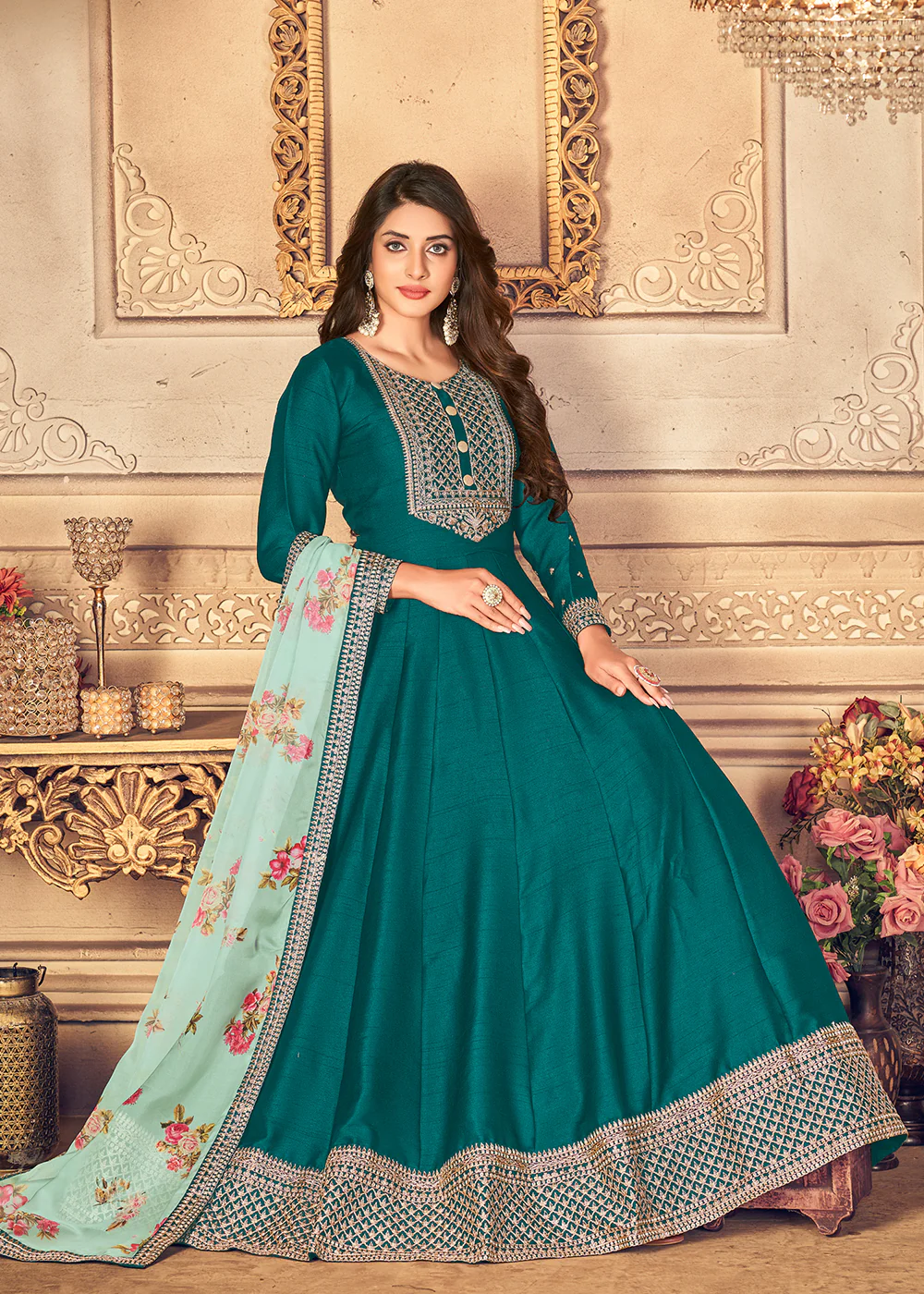 Teal Green Silk Beautifully Embroidered Floor Length Anarkali - Image 3