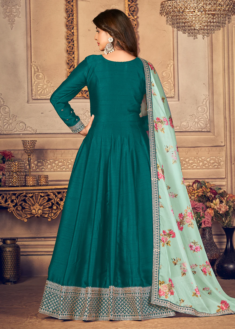 Teal Green Silk Beautifully Embroidered Floor Length Anarkali - Image 4