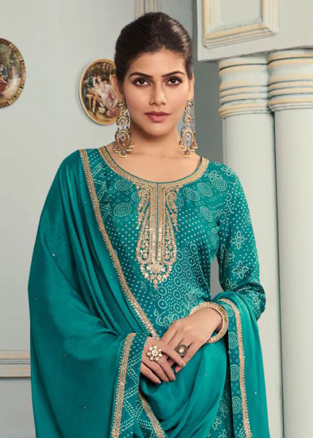 Teal Green Silk Digital Printed Festive Salwar Suit - Image 2