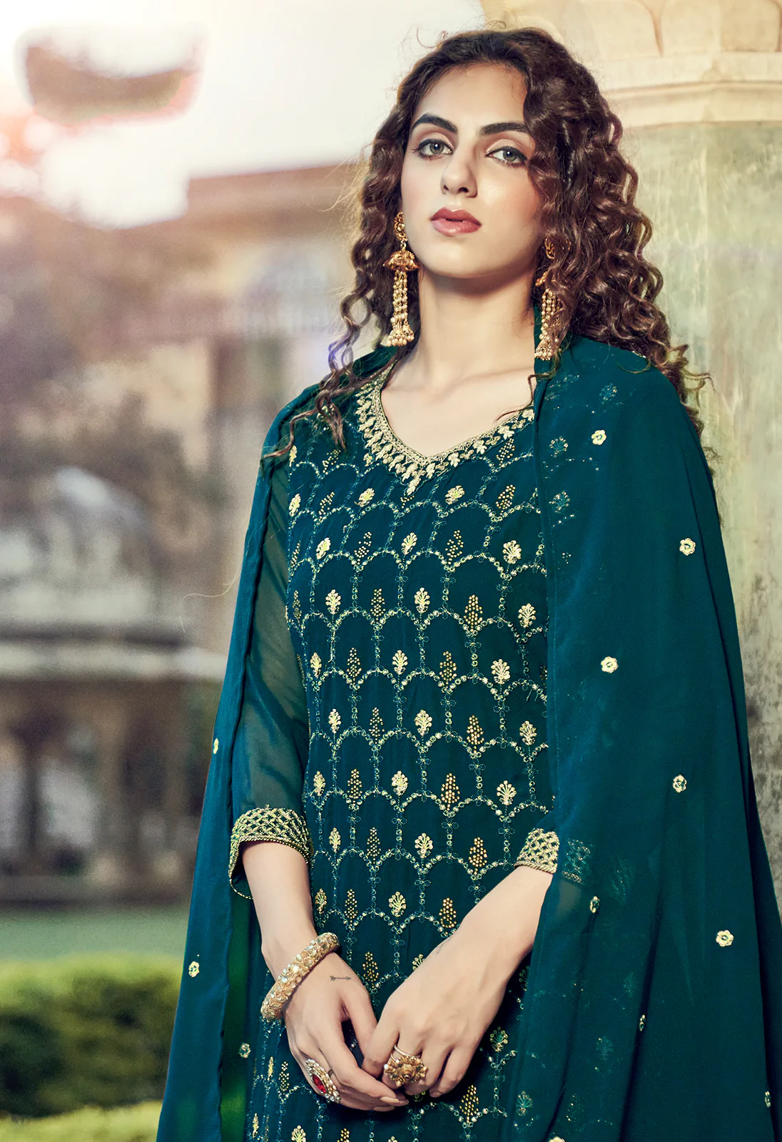 Teal Green Swarovski Embroidered Georgette Palazzo Suit - Image 2
