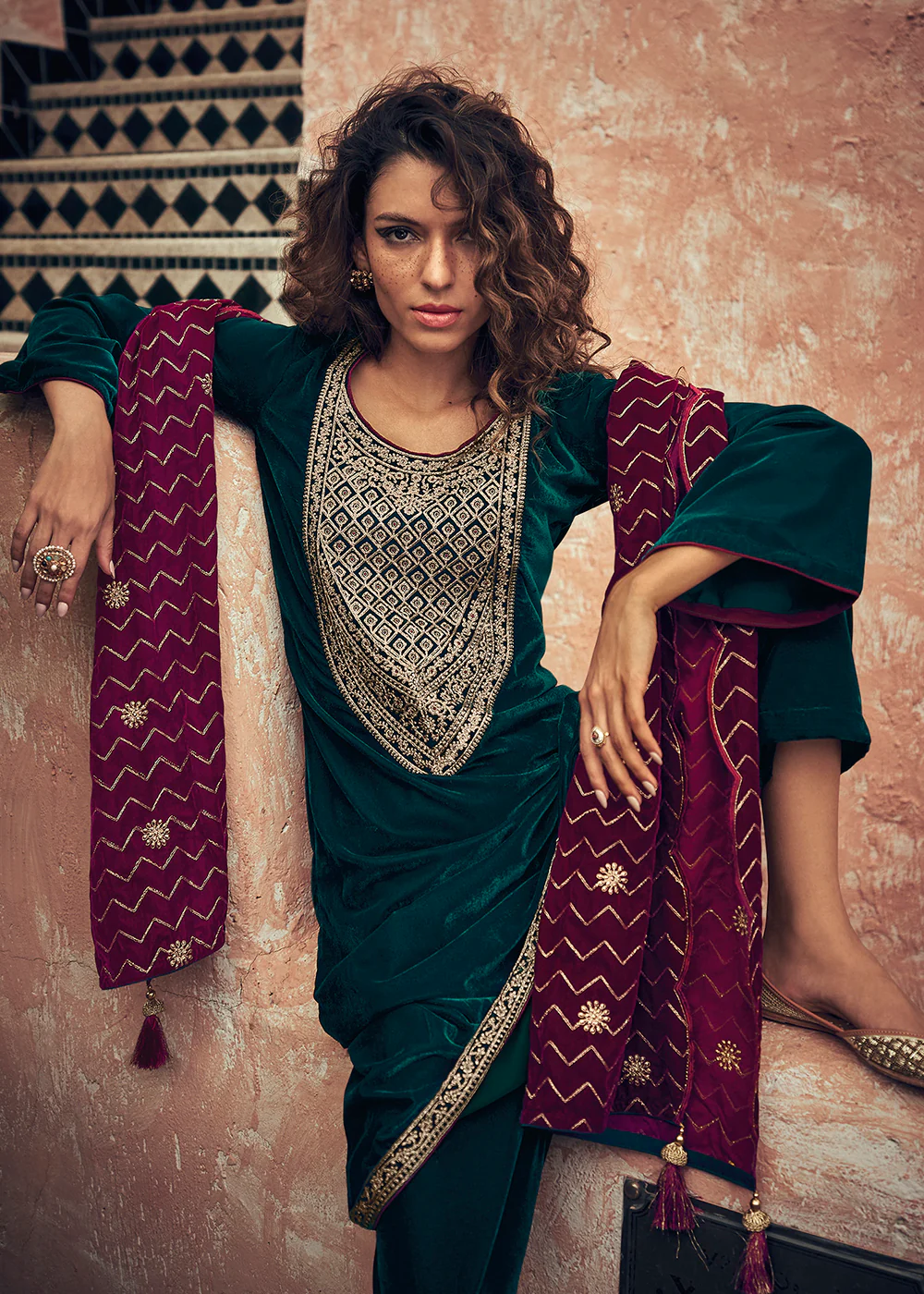 Teal Green Velvet Embroidered Pant Salwar Suit - Image 3