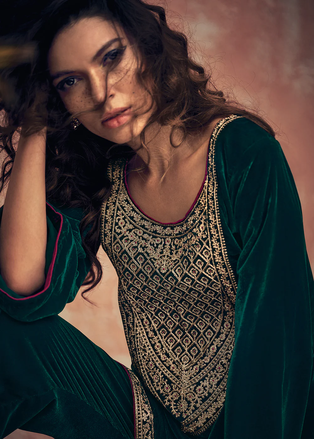 Teal Green Velvet Embroidered Pant Salwar Suit - Image 4