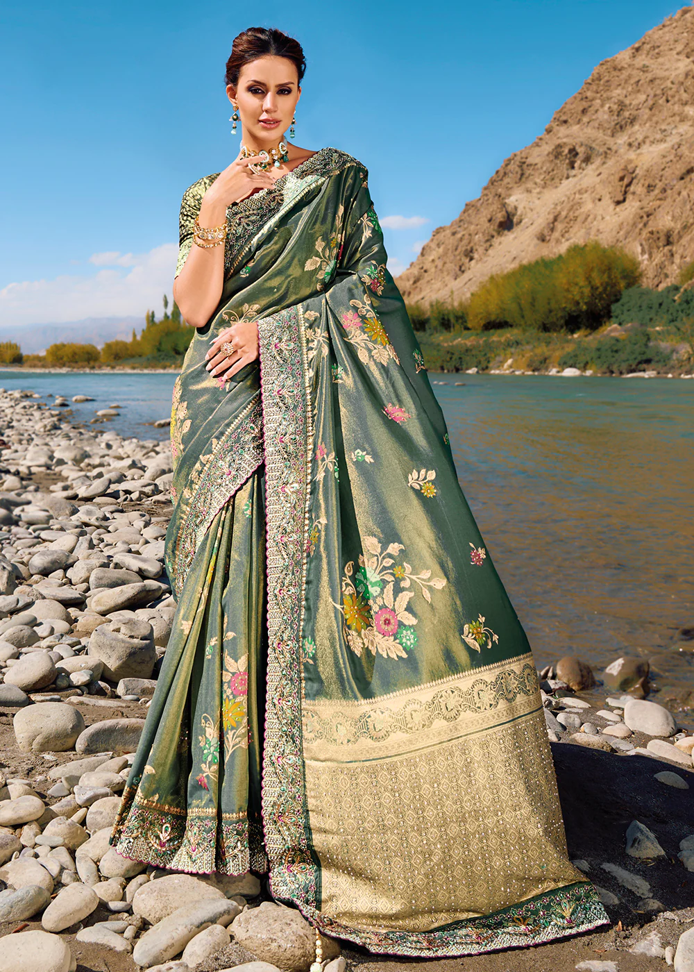 Teal Grey Banarasi Pure Zari Fabric Designer Saree