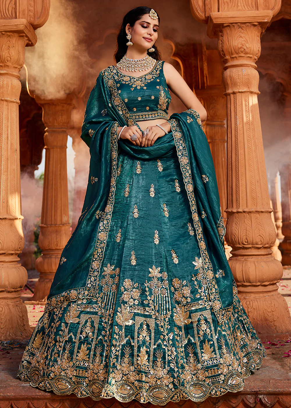 Teal Handwork Embroidered Designer Wedding Lehenga Choli - Image 4