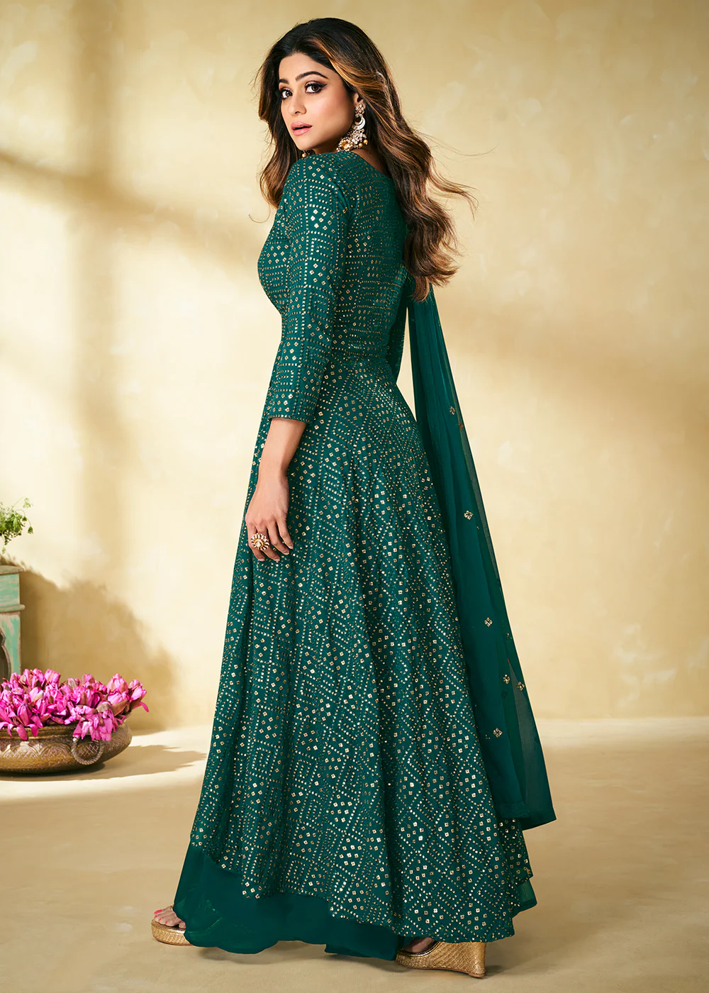 Teal Indian Designer Embroidered Palazzo Suit - Image 3