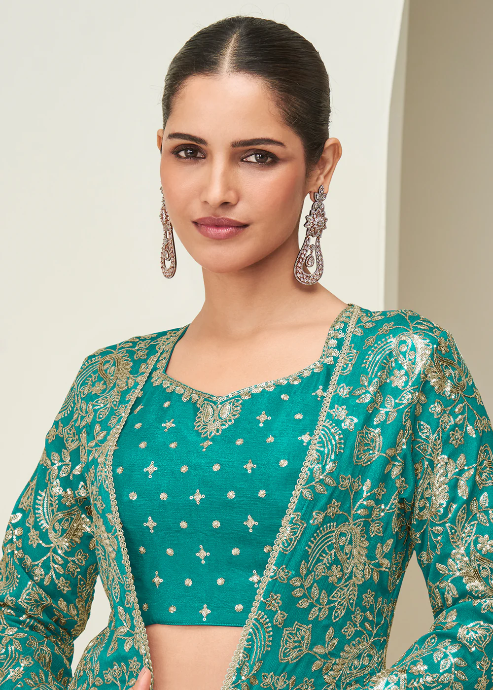 Teal Jacket & Crop Top Style Party Palazzo Suit - Image 2