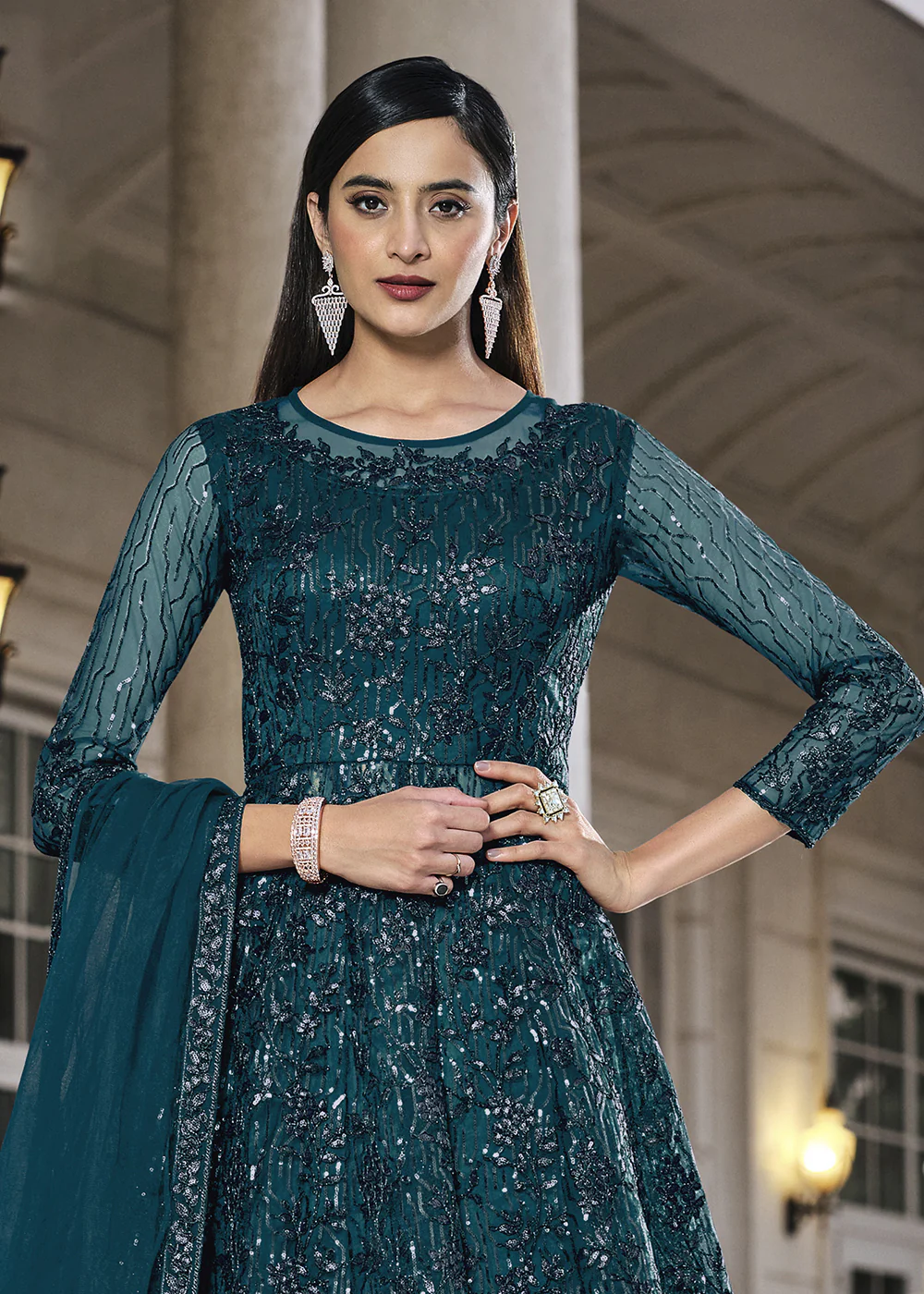 Teal Lehenga/Pant Style Embroidered Designer Anarkali Suit - Image 2