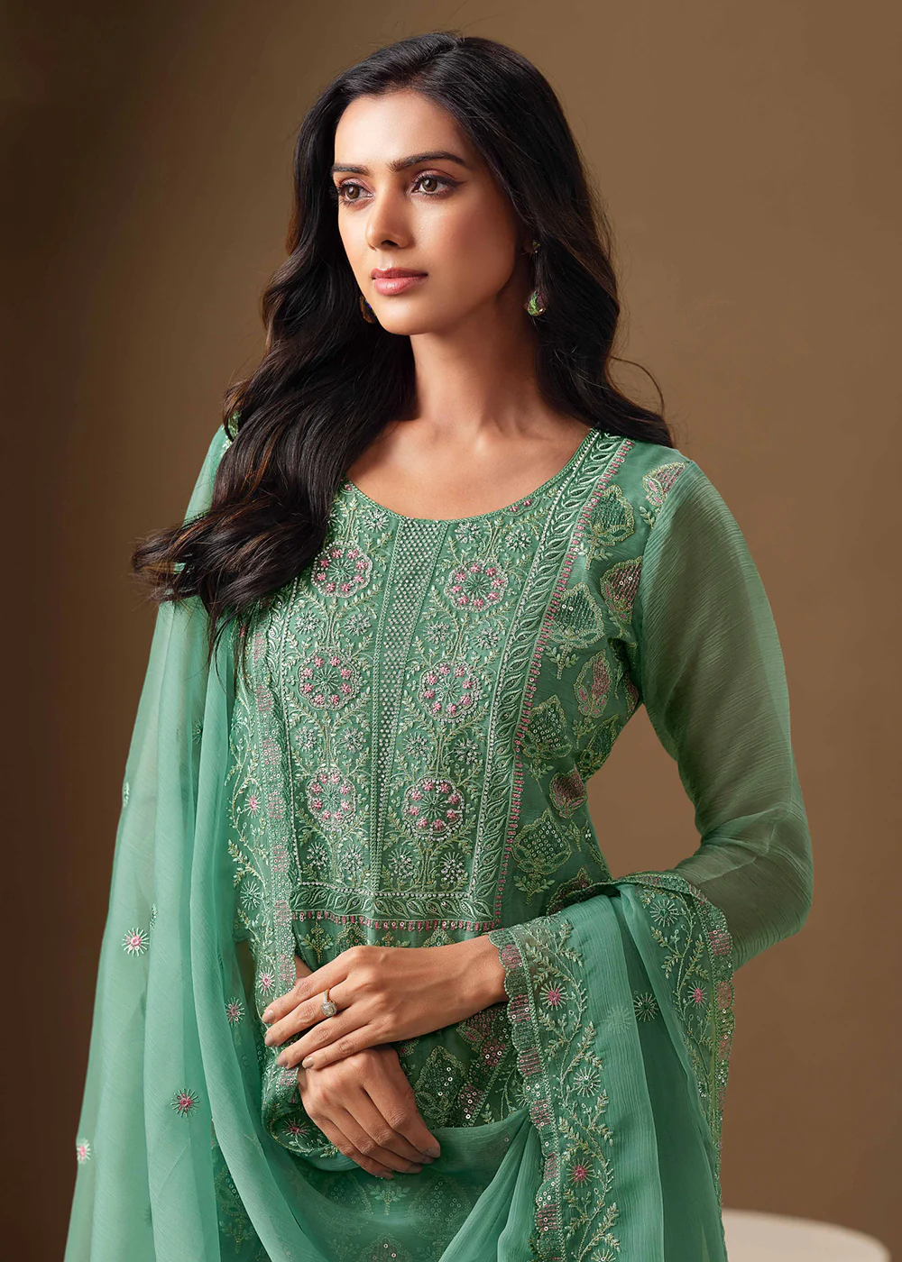 Teal Lucknowi & Zarkan Embroidered Festive Salwar Suit - Image 2