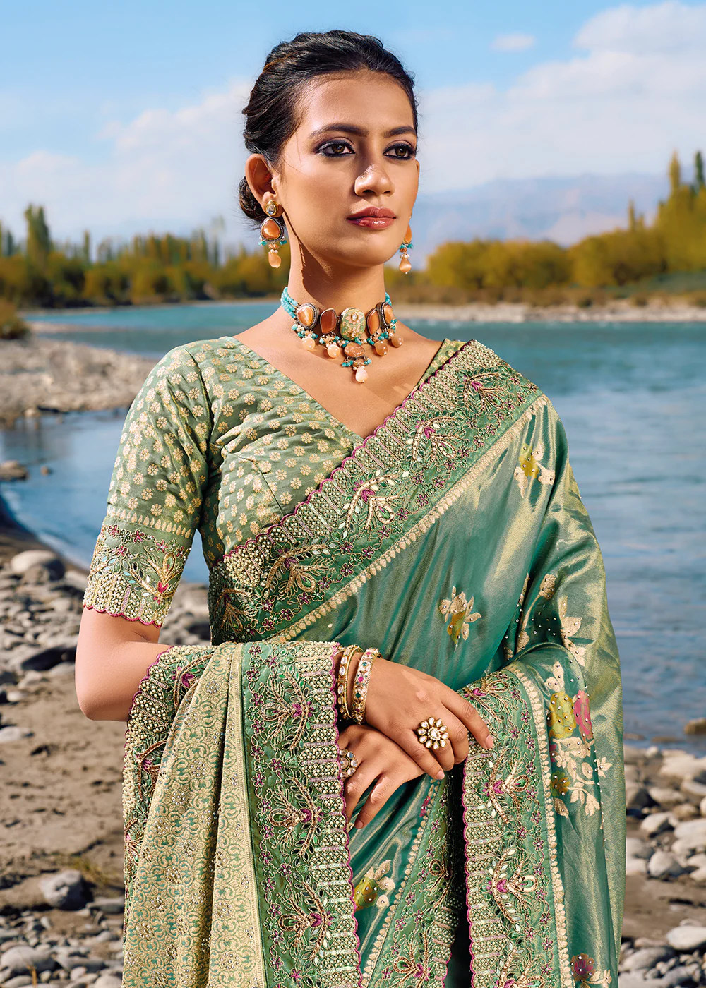 Teal Mint Green Banarasi Pure Zari Fabric Designer Saree - Image 2
