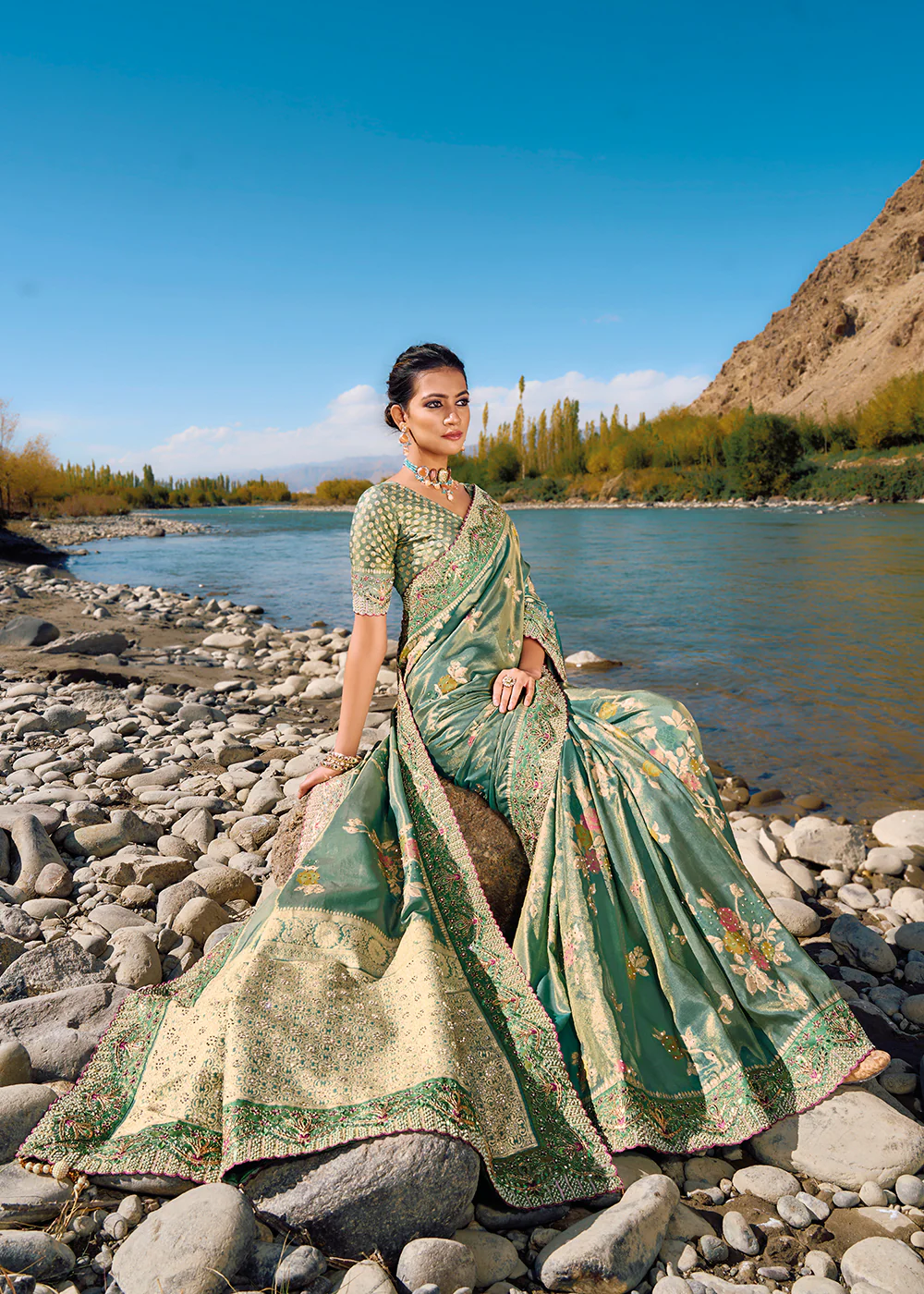 Teal Mint Green Banarasi Pure Zari Fabric Designer Saree - Image 3