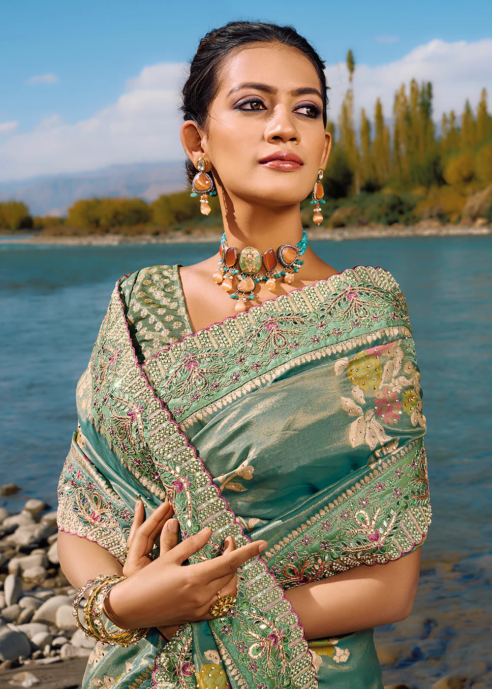 Teal Mint Green Banarasi Pure Zari Fabric Designer Saree - Image 4