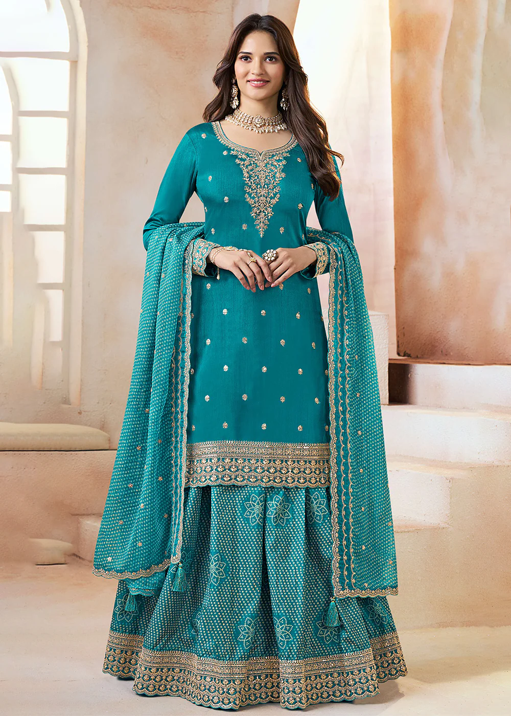Teal Mooga Silk Ethnic Embroidered Sharara Suit