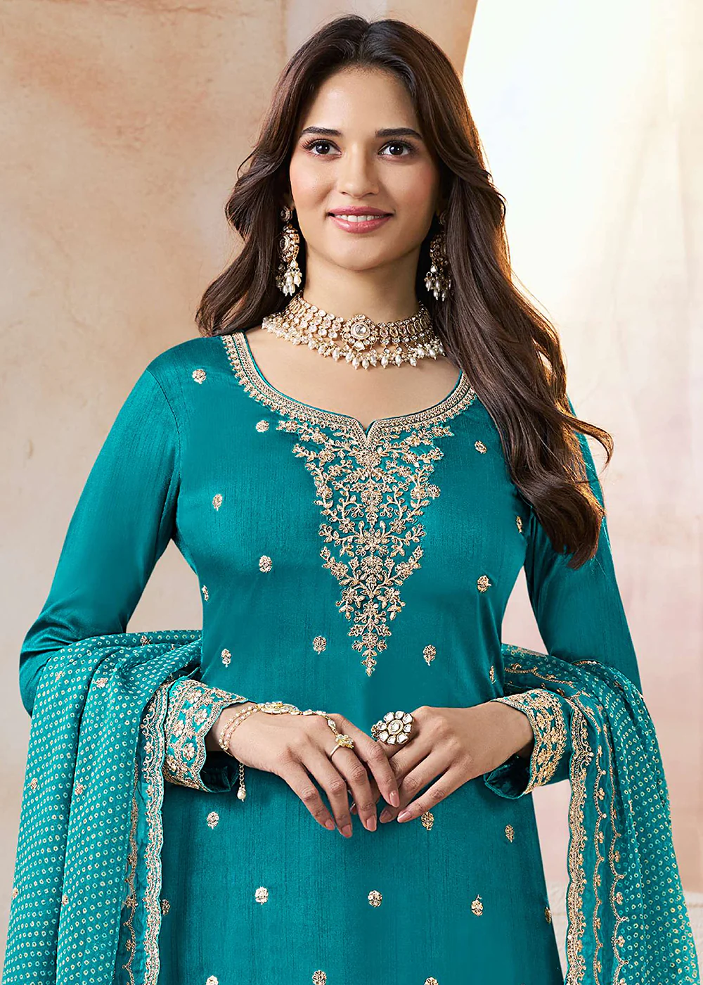 Teal Mooga Silk Ethnic Embroidered Sharara Suit - Image 2