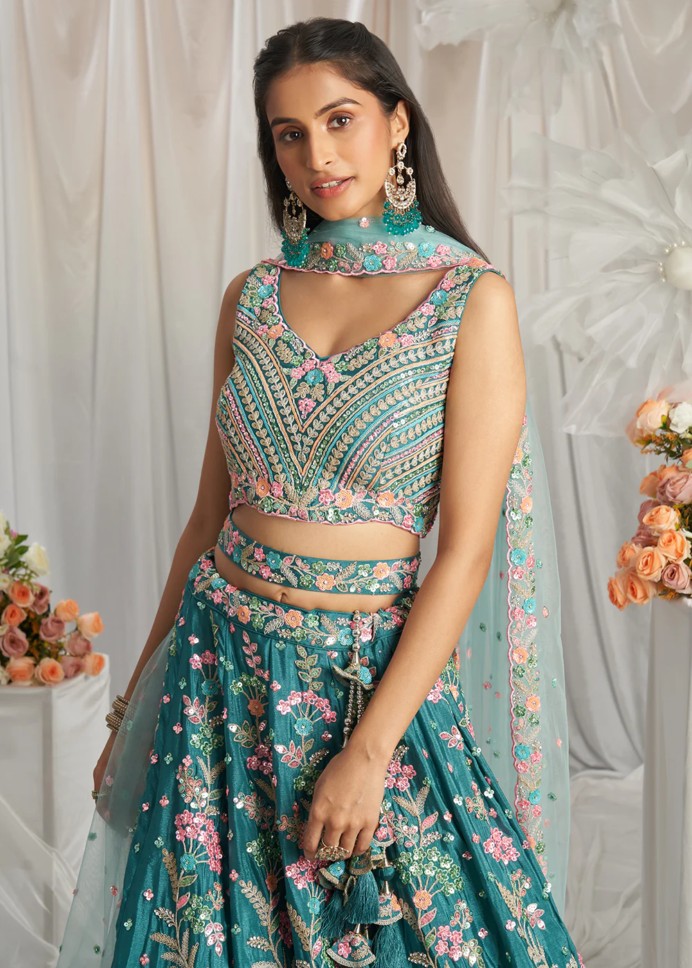 Teal Multi Color Embroidered Wedding Lehenga Choli - Image 2