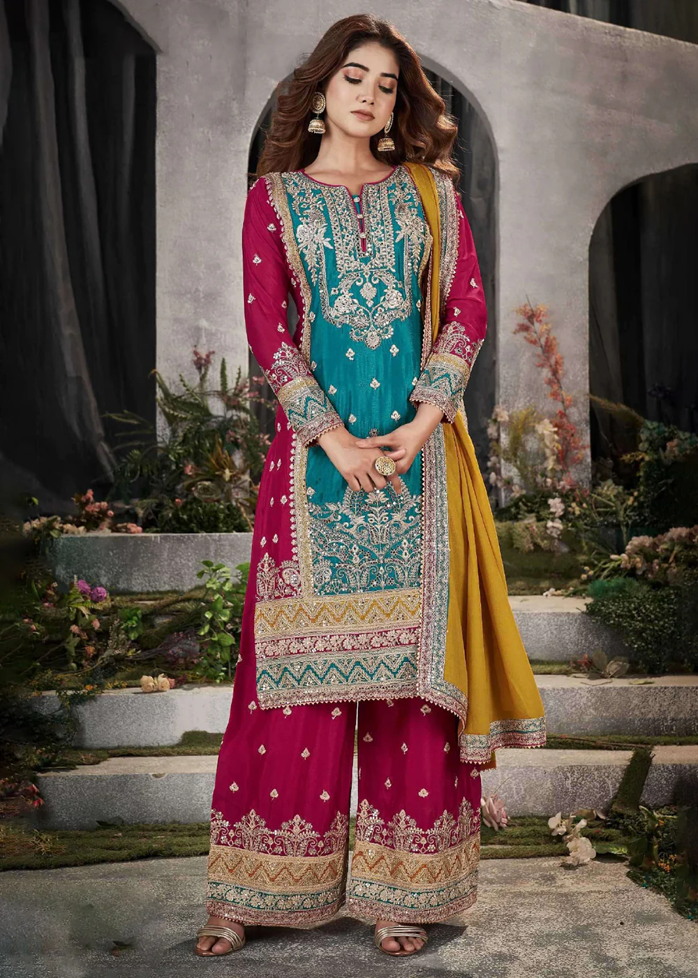 Teal Multicolor Mirror Embroidered Punjabi Style Palazzo Suit - Image 3