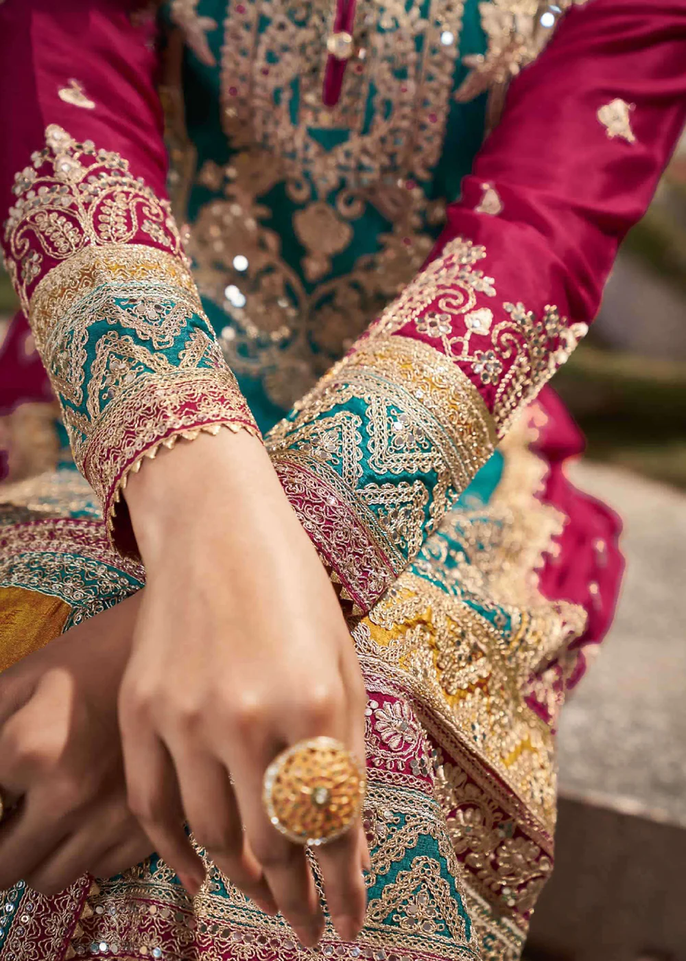 Teal Multicolor Mirror Embroidered Punjabi Style Palazzo Suit - Image 4