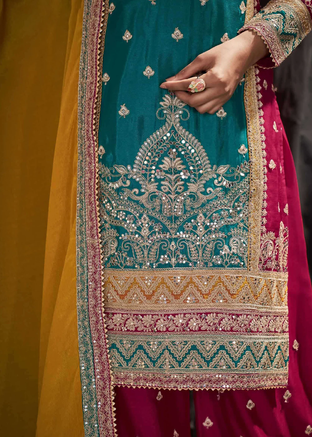 Teal Multicolor Mirror Embroidered Punjabi Style Palazzo Suit - Image 5