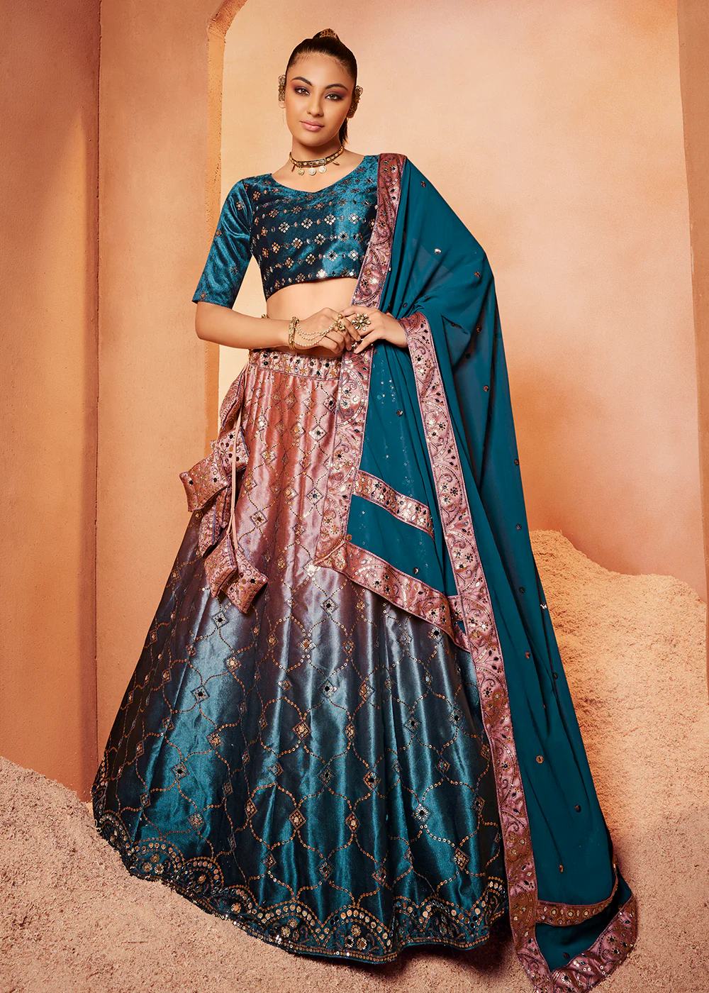 Teal & Old Rose Sequins & Mirror Velvet Wedding Lehenga Choli