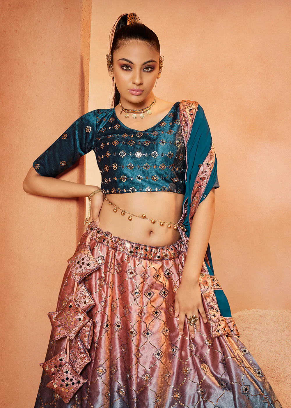 Teal & Old Rose Sequins & Mirror Velvet Wedding Lehenga Choli - Image 2