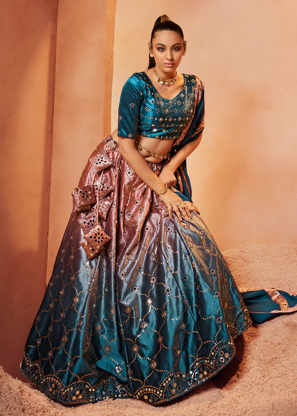 Teal & Old Rose Sequins & Mirror Velvet Wedding Lehenga Choli - Image 3