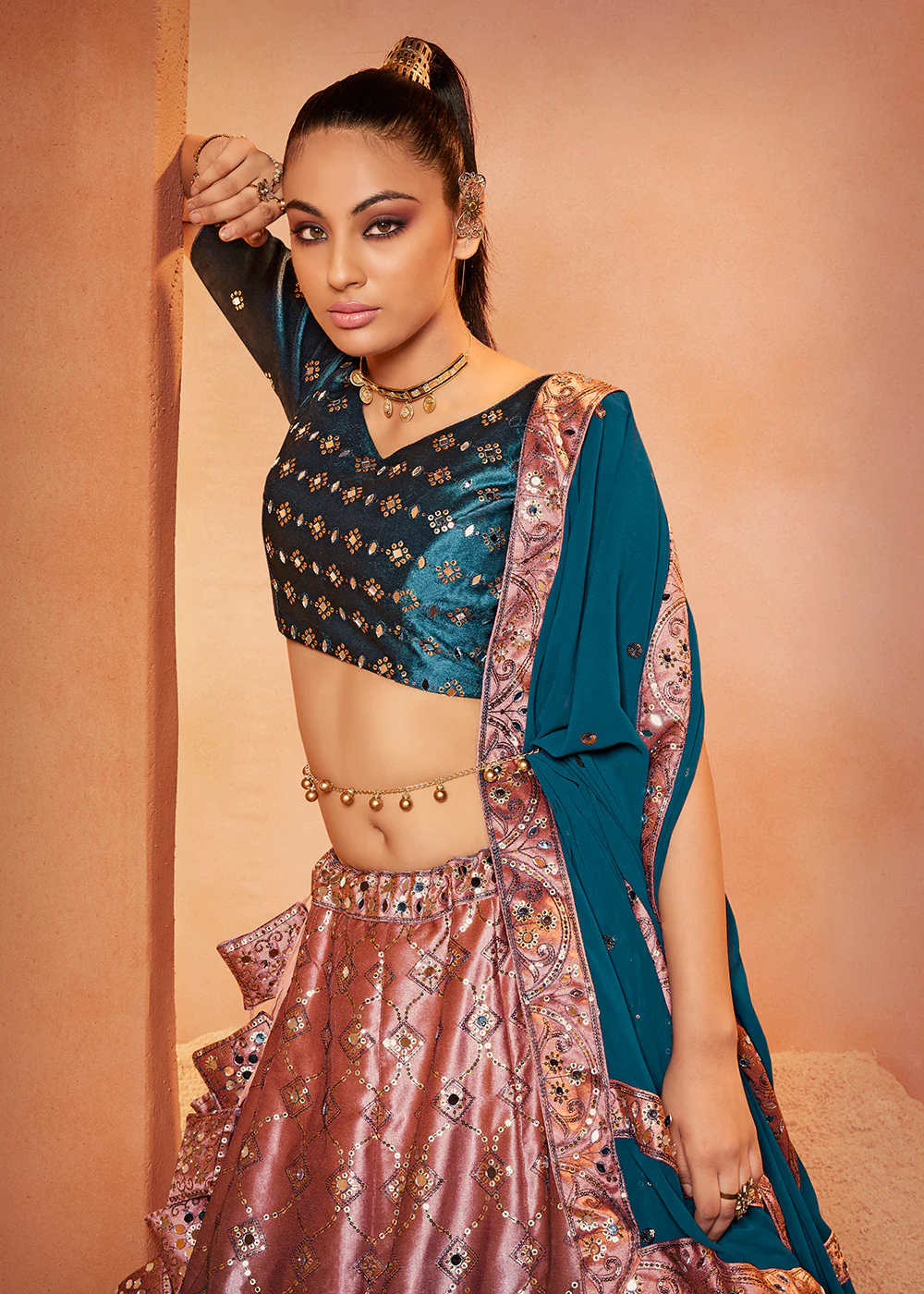 Teal & Old Rose Sequins & Mirror Velvet Wedding Lehenga Choli - Image 4