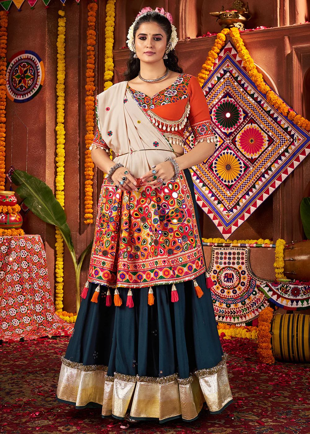 Teal & Orange Viscose Cotton Mirror Chaniya Choli for Navratri