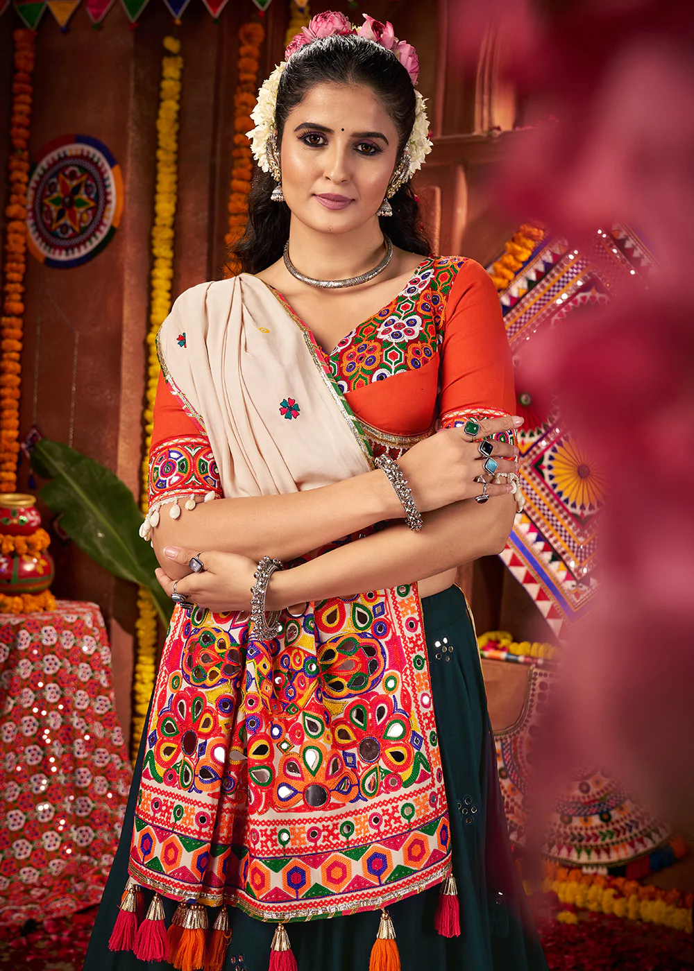 Teal & Orange Viscose Cotton Mirror Chaniya Choli for Navratri - Image 2