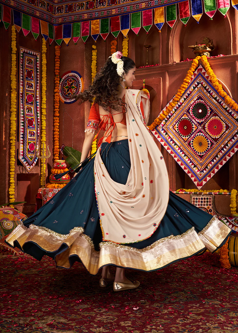 Teal & Orange Viscose Cotton Mirror Chaniya Choli for Navratri - Image 3