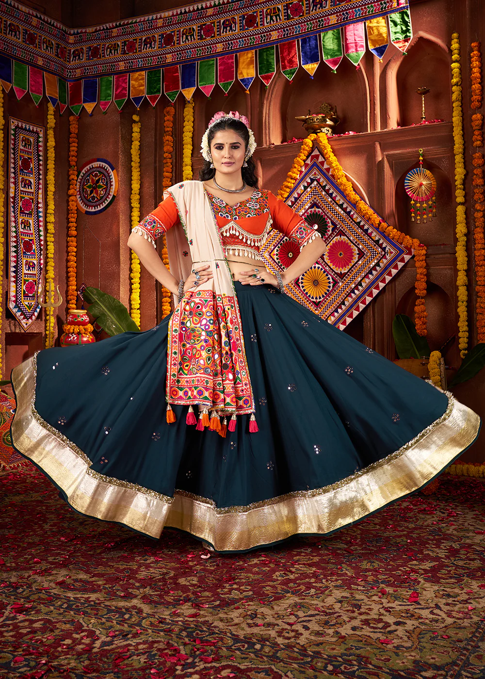 Teal & Orange Viscose Cotton Mirror Chaniya Choli for Navratri - Image 4