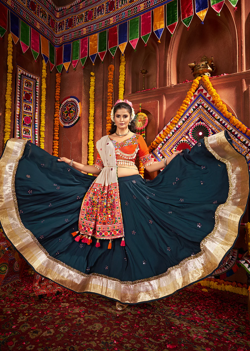 Teal & Orange Viscose Cotton Mirror Chaniya Choli for Navratri - Image 5