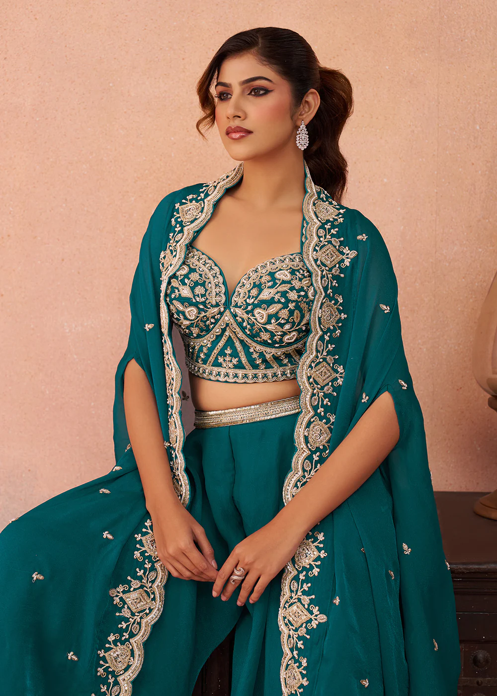 Teal Organza Indo Western Crop Top with Flared Cape - Image 2