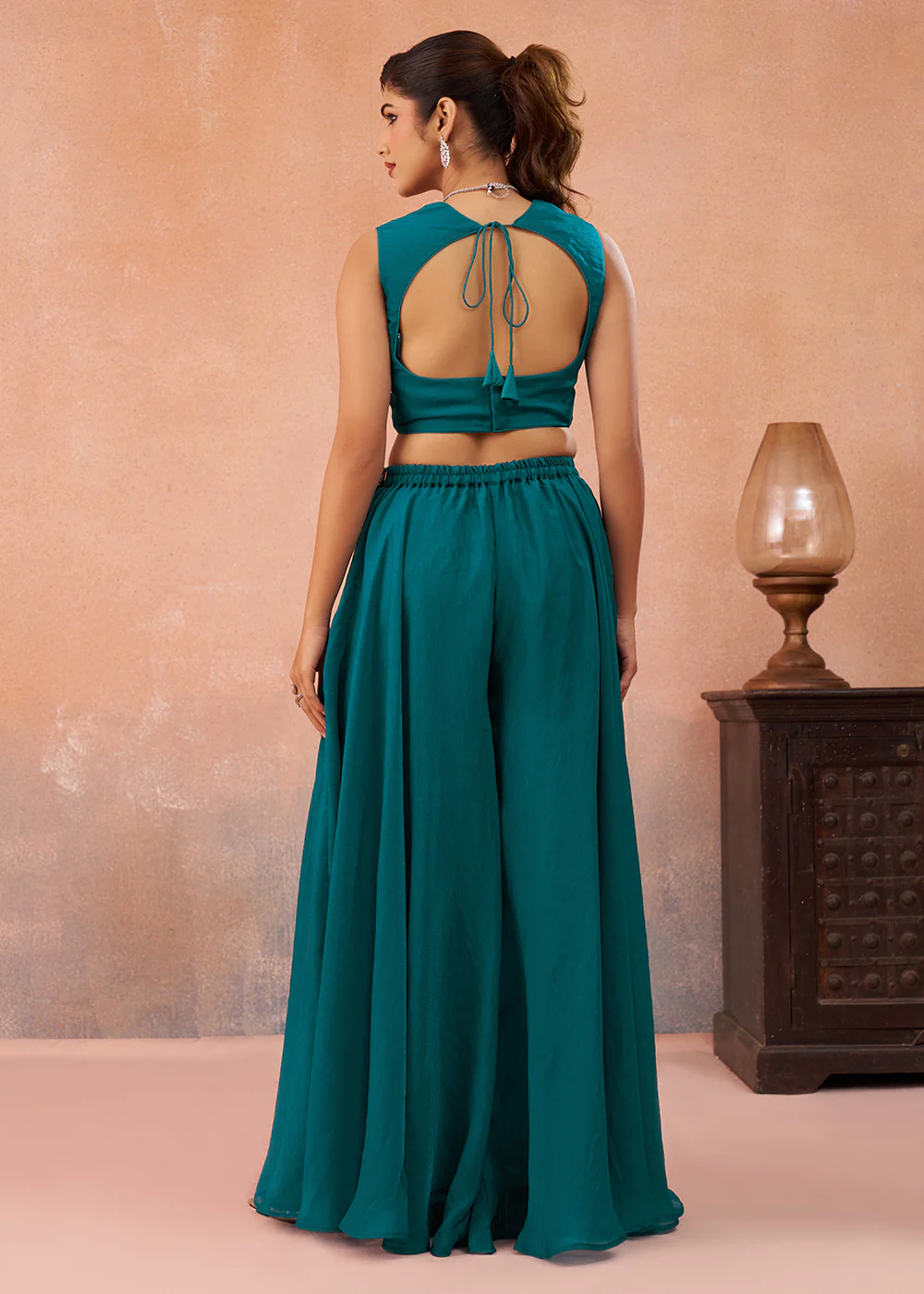 Teal Organza Indo Western Crop Top with Flared Cape - Image 3