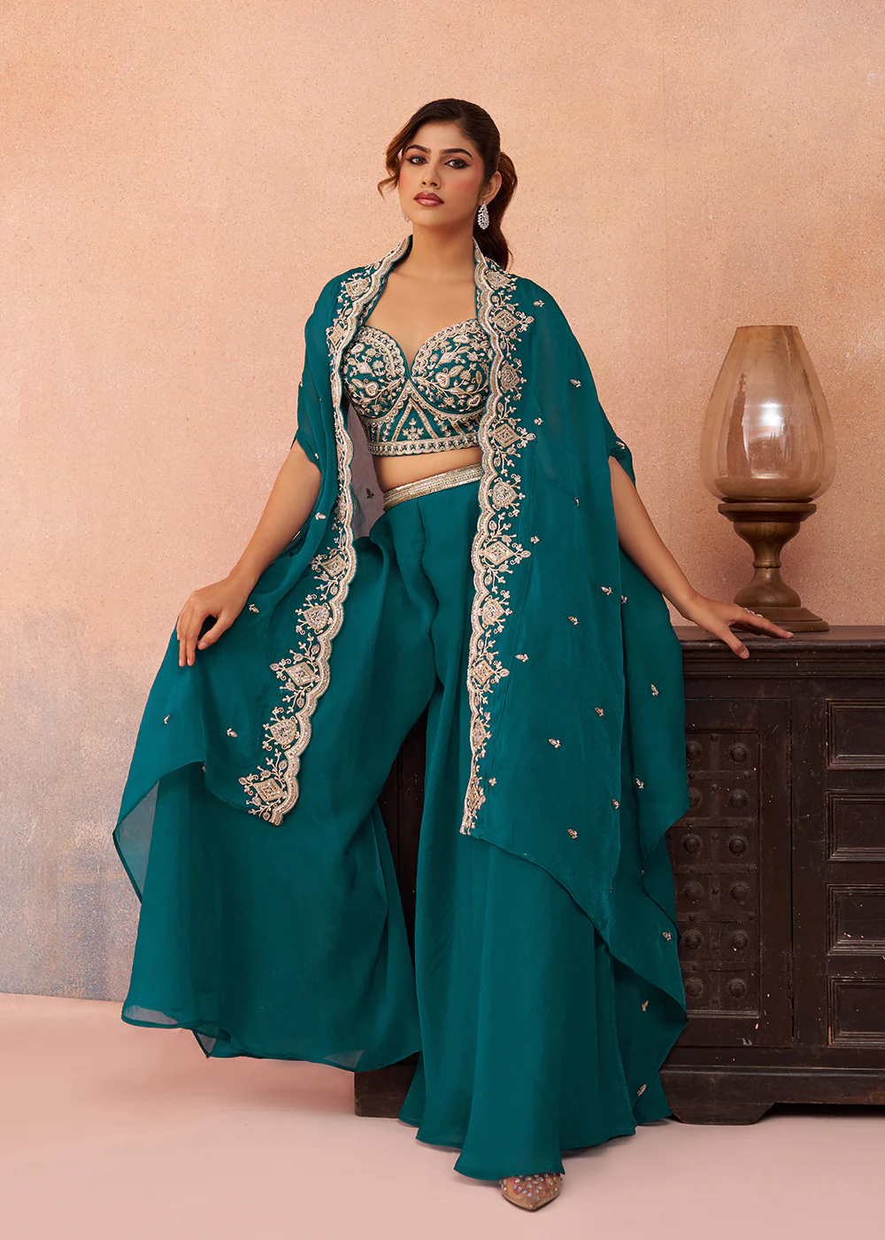 Teal Organza Indo Western Crop Top with Flared Cape - Image 4