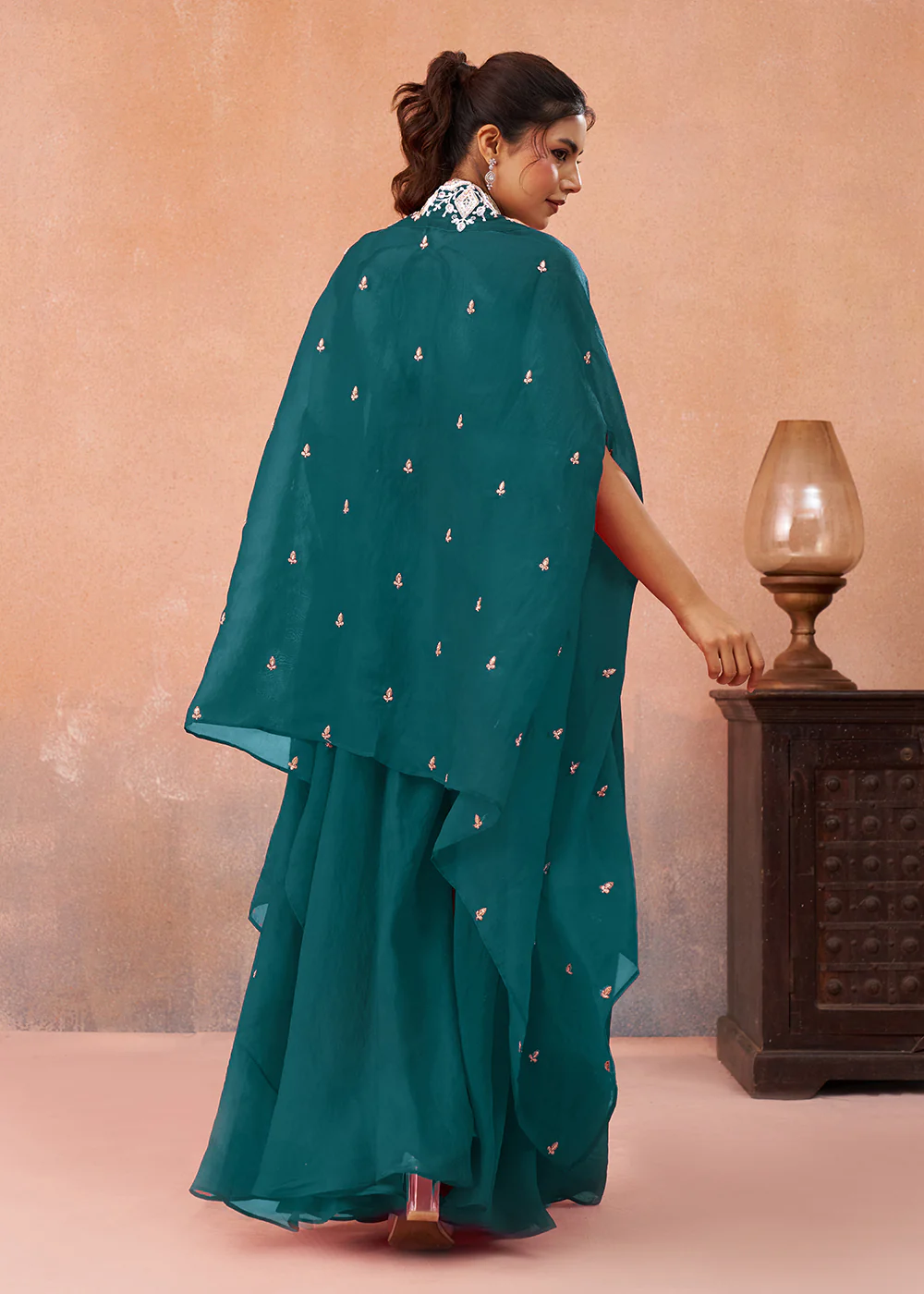 Teal Organza Indo Western Crop Top with Flared Cape - Image 5