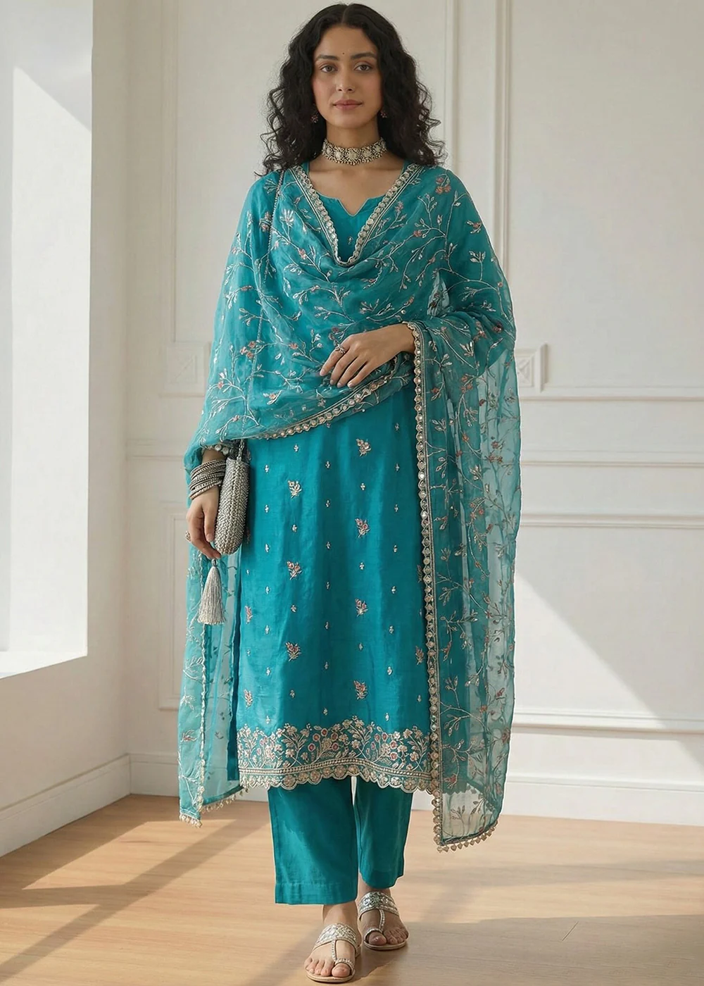 Teal Pakistani Style Organza Festive Salwar Suit - Image 2