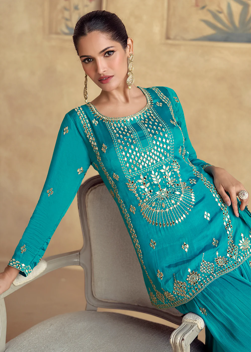 Teal Premium Chinnon Silk Festive Sharara Style Suit - Image 2